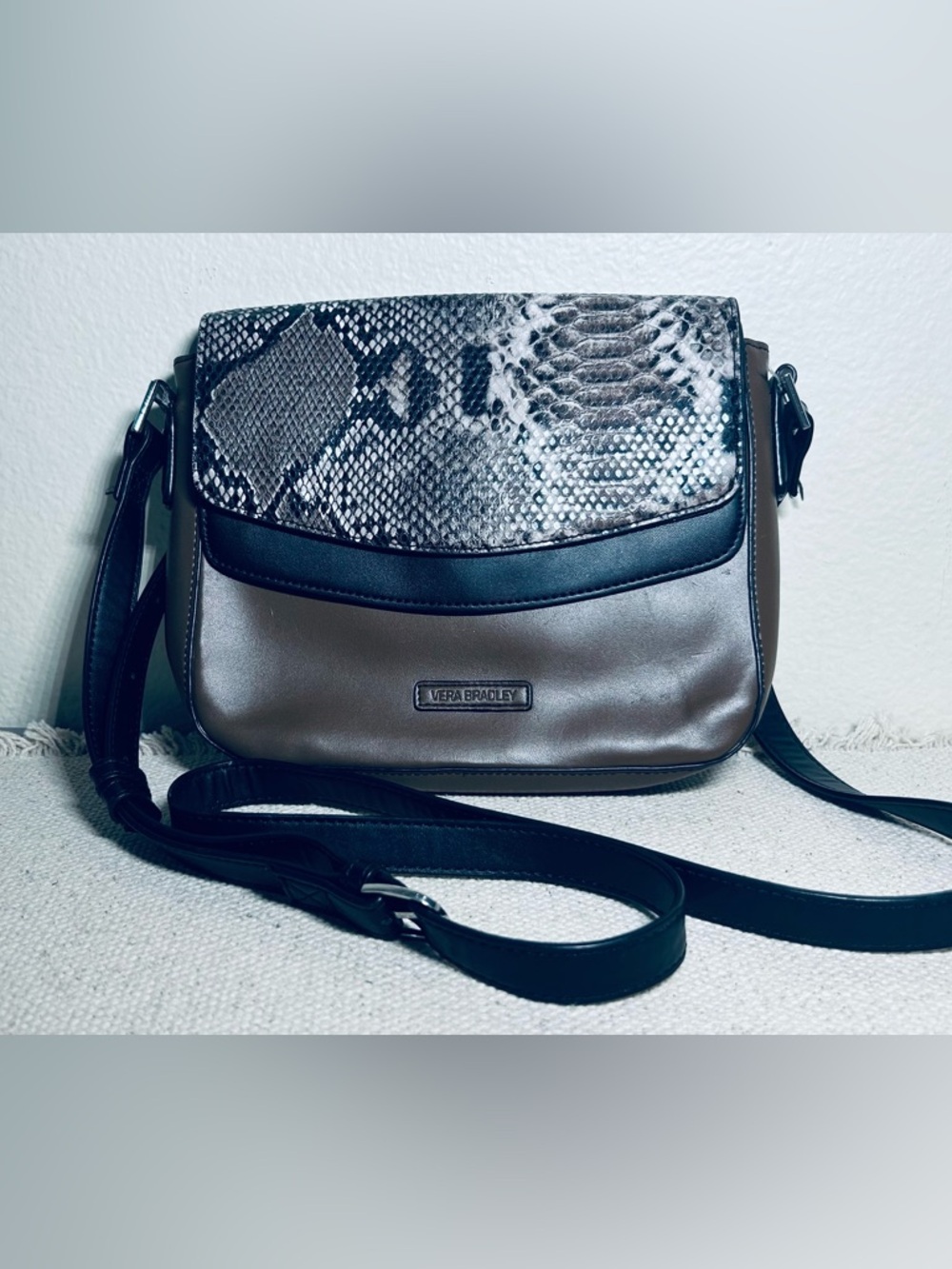 Vera Bradley Taupe and Black Crossbody with Snake-Print Flap
